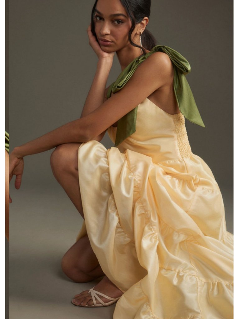 Hutch Anthropologie Scoop-Neck Tiered Maxi Dress Buttery Yellow W Green Bow M — image 3 of 7